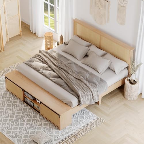 GarveeHome Natural Rattan Queen Size Bed Frame with Storage Cabinets | Cabinet with Sliding Barn Door, LED Light Headboard, Solid Wood Legs Support, No Box Spring Needed - size: Queen