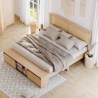 GarveeHome Natural Rattan Queen Size Bed Frame with Storage Cabinets | Cabinet with Sliding Barn Door, LED Light Headboard, Solid Wood Legs Support, No Box Spring Needed - size: Queen