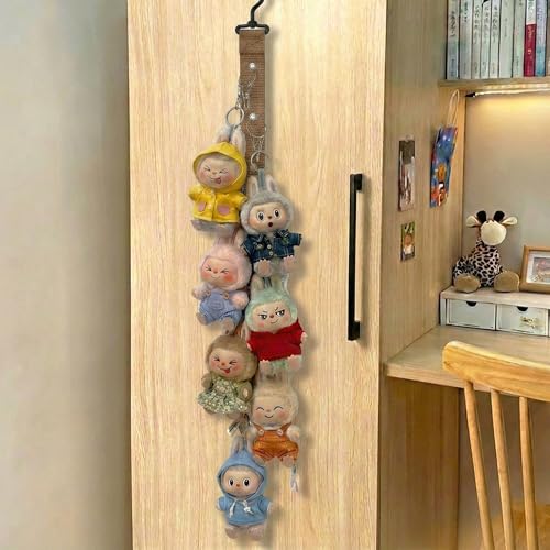 Plush Doll Hanging Storage Rope Display Rack with 8 Clips – Wall Hanging Organizer for Keychain Plushies, Mini Toys– Holds up to 3kg (Brown) - color: Brown