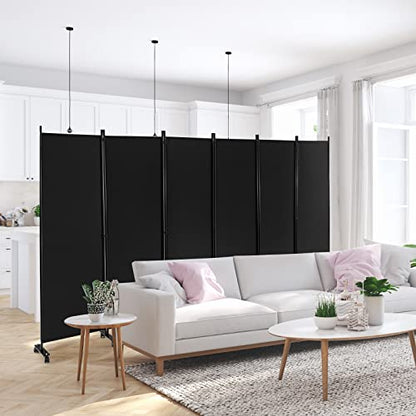NAFORT 6 Panel Folding Room Divider for Room Separation, Freestanding Privacy Screen with Lockable Universal Wheels, Fabric Wall Partition Screen for Living Room, Bedroom, Office, Black - color: Black