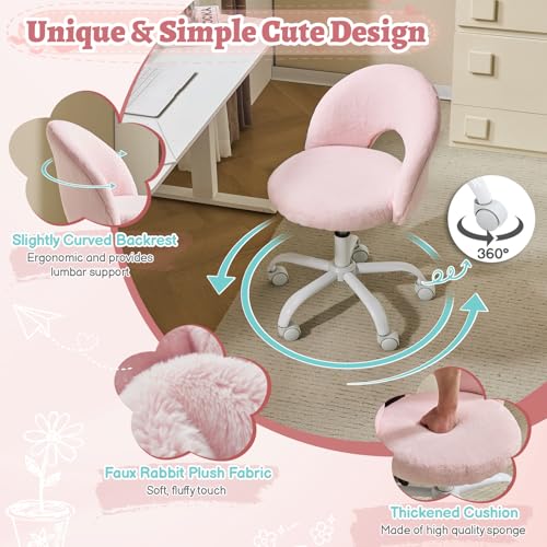 VINGLI Small Vanity Chair with Faux Fur Wheels for Girls,Cute Adjustable Height Armless Office Desk Chair,360°Swivel Comfy Rolling for Study,Make up Room,Small Space,Light Pink - color: Furry Pink