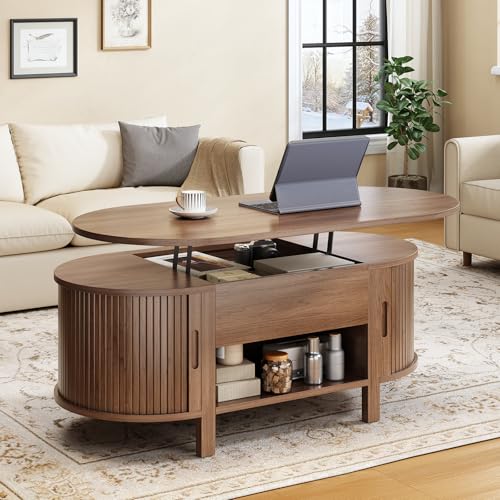 43.3" Oval Lift Top Fluted Coffee Table with Sliding Door, Walnut | Mid-Century Modern Fluted Coffee Table with Lift Tabletop & Multi-Storage Spaces, Dining Table for Living Room, Home Office - color: Walnut