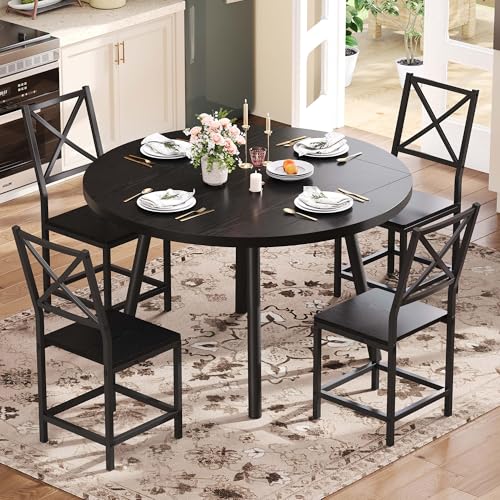 IRONCK Dining Table Set for 4, Round Kitchen Table and 4 Stool Chair for Dining Room, 44.5inch Drop Leaf Desk, Small Space Saving, Black