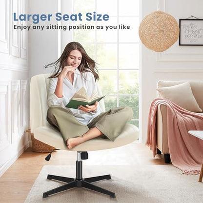 DUMOS Criss Cross Chair No Wheels, Wide Seat Cross Legged Office Desk Vanity Chair, Faux Leather Armless Height Adjustable Swivel Task Computer Chairs for Home, Study, Beige PU - color: Beige Pu