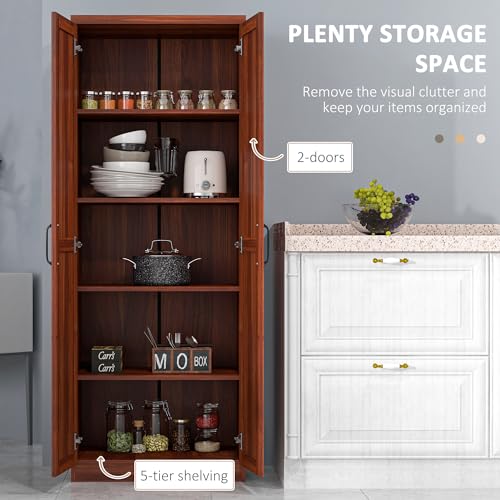 HOMCOM 63" 2-Door Kitchen Pantry 5-Tier Tan | Freestanding Storage Cabinet, Shelving, 2 Adjustable Shelves, for Dining Room - color: Tan