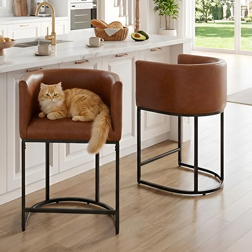HNY Modern Barrel Counter Height Clearance Bar Stools Set of 2, 24 Inch Kitchen Bar Stools with Back, PU Leather Barstools Bar Height for Island with Black Metal Tubular Frame, Brown - color: 24inch ,Brown,black Base