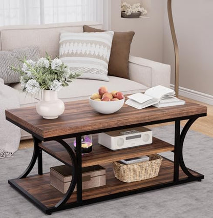 Farmhouse Coffee Table with Storage, 3-Tier Industrial Wood & Metal Coffee Table for Living Room, Rustic Rectangle Center Table with Open Shelves, Rustic Brown