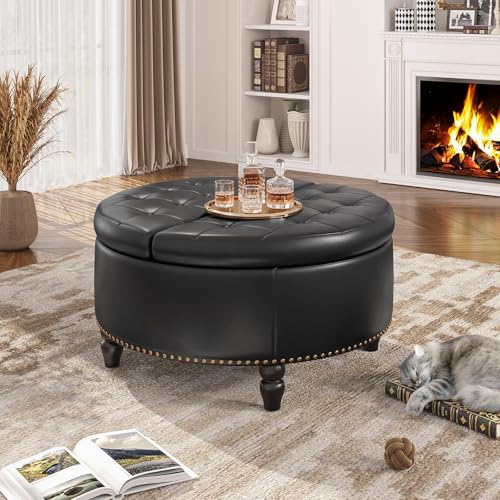 FiveWillowise 30 Inch Large Round Ottoman with Storage Circular,Black | Leather Coffee Table with Lift Top,Modern Upholstered Button Tufted Footrest Stool Solid Wood Legs for Living Room,Bedroom - color: Black