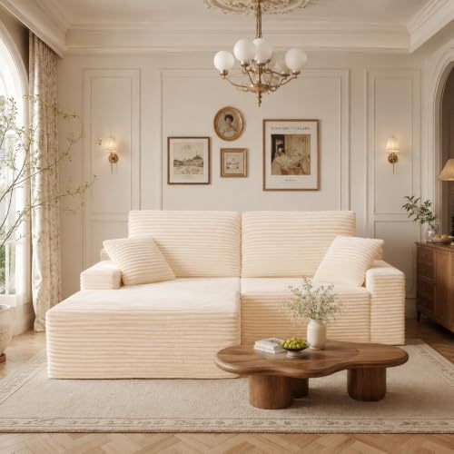75" Cloud Modular Boneless Couch, Left Facing L-Shaped Chaise Sectional Sofa - No Assembly Required, Plush Corduroy & Memory Foam, for Living Room Bedroom Apartment (Beige) | Left Facing Chaise,No Assembly,Corduroy Fabric, High-Density Foam, Dorm Room, Ap