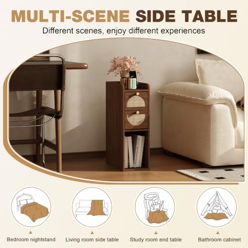 Narrow Nightstand Set of 2 (Rattan & Wood) - Small Bedside Table with 2 Drawers, Open Shelf, Mid Century Modern End Table - for Bedroom, Living Room & Small Spaces, Walnut - color: Walnut, size: 7.9"W (2 Pc)