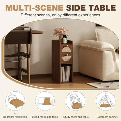 Narrow Nightstand Set of 2 (Rattan & Wood) - Small Bedside Table with 2 Drawers, Open Shelf, Mid Century Modern End Table - for Bedroom, Living Room & Small Spaces, Walnut - color: Walnut, size: 7.9"W (2 Pc)