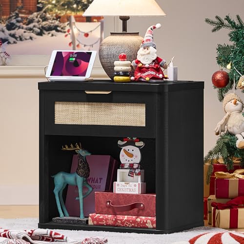 LEYAOYAO Rattan 23" Nightstands with Charger for Bedroom | Gold Metal Handle, Storage Shelf, Black Night Stand with Drawer, Boho Bedside Table, Bed Side End Tables Living Room, Hallway - color: Boho Black, size: 1 Drawer