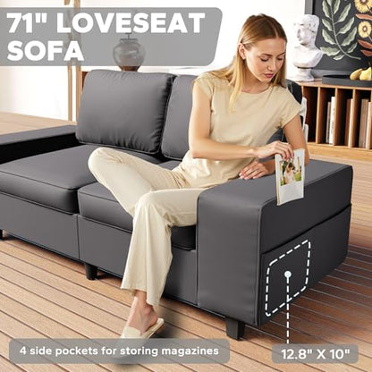 71" Leathaire Loveseat Couch, 2 Seater Retro Sofa with 4 Side Pockets, Removable and Washable Cushions, Living Room，Apartment, Office (Dark Grey) - color: Dark Grey Leathaire, size: 71 "