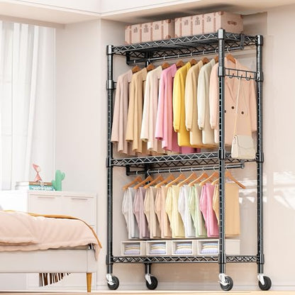 M MZG Heavy Duty Rolling Garment Rack 3 Tiers Adjustable Wire Shelving Clothes Rack with 2 Rods and Side Hooks, Storage Closet Clothing Rack with Wheels Black 17.7" D x 47.2" W x 83.6" H - color: Black, size: 3 Tiers with 2 rods, 17.7"D x 47.2"W x 83.6"H