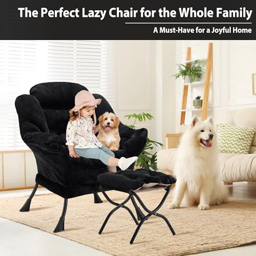 Youtanic Lazy Chair with Folding Ottoman, Accent Chair Plush Upholstered with Metal Structure and Non-Slip Pads, Sofa Armchair with Footrest and Side Storage Bag for Dorm, Room, Office, Black - color: Plush Black