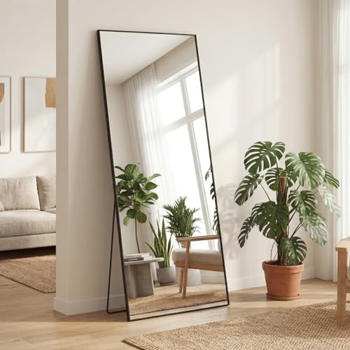 Sweetcrispy 56"x21" Full Length Mirror, Standing Full Body Mirror, Black | Aluminum Alloy Thin Frame, Floor or Standing, Suitable for Bedroom, Living Room, Cloakroom - color: Black-rectangle, size: 56"L x 21"W