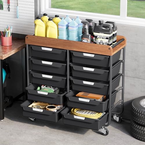 10 Drawers Rolling Cart with Wooden Tabletop, Utility Storage Cart with Wheels, Art Supply Craft Organizer on Wheel with Metal Frame & Handles for Home Office School,Black | Easy Setup, Large Capacity, Sturdy Build, Lockable Mobility, For office, classroo