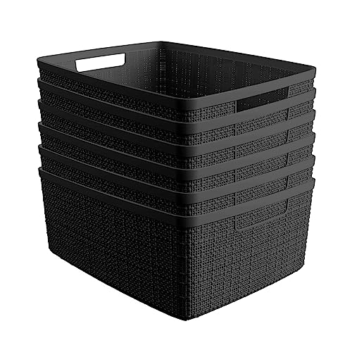 Curver Set of 6 Medium 12L Jute Decorative Plastic Organization and Storage Baskets - Perfect Bins for Home Office, Closet Shelves, Kitchen Pantry and All Bedroom Essentials, Black - color: Black, size: Medium 12L