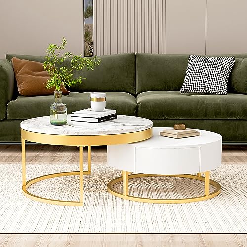 Modern Round Nesting Coffee Table with Drawers for Living Room in White - color: Golden+white