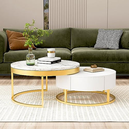 Modern Round Nesting Coffee Table with Drawers for Living Room in White - color: Golden+white