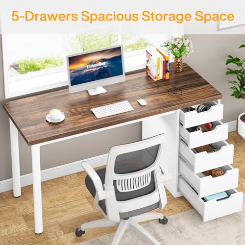 Tribesigns Computer Desk with 5 Drawers, 47 inches Rustic Brown Home Office Desk with Storage, Modern Simple Laptop Desk Study Writing Table for Small Spaces (1, Brown+White) - color: Brown+white