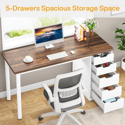 Tribesigns Computer Desk with 5 Drawers, 47 inches Rustic Brown Home Office Desk with Storage, Modern Simple Laptop Desk Study Writing Table for Small Spaces (1, Brown+White) - color: Brown+white