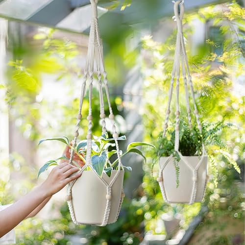 LEWESU Macrame Plant Hanger Indoor Set of 2 with 4 Hooks, Indoor Outdoor Hanging Planter for Plants Holder with Decorative Wood Beads & No Tassels, Boho Home Decor, 35 Inch Ivory (Pots Not Included) - color: Ivory, size: 35" Set of 2