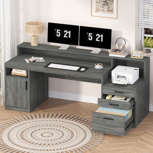 65" Computer Desk with 3 Drawers & Printer Shelf for Home Office | Office Desk with Printer Shelf & File Drawer, Executive Desk Writing Study Table with Monitor Stand, Dark Grey - color: Dark Gray