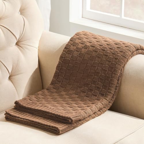 Light Brown Throw Blanket, Cute Checkerboard Knit, 60x80 Inches | Soft Cozy Lightweight Knit Blanket for Couch Bed, Warm Breathable Reversible Textured Oversized Knit Blanket, Caramel Brown - color: Check-light Brown, size: 60"x80"