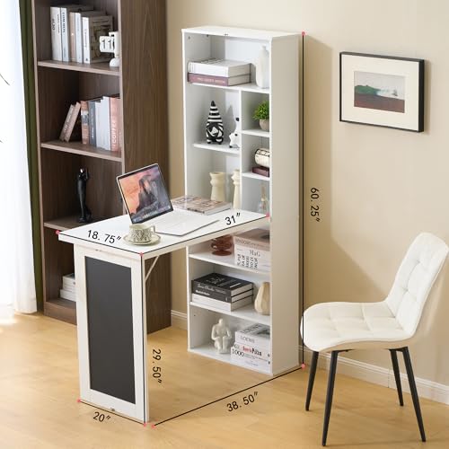 Folding Desk with Storage,Fold Out Convertible Wall Mounted Table,White | Space-Saving,Foldable Desk with Blackboard and Shelves, Multi-Function Desk Cabinet , Murphy Desk Home Office Workstation - color: White
