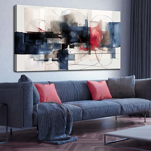 Fuwobriva Abstract Canvas Wall Art for Living Room Bedroom Office Large Wall Art Decor Abstract Wall Art Modern Black Red and Blue Geometry Painting Artwork 29"x58" - size: 29L" x 58W"