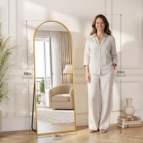 58"×18" Arched Full Length Floor Mirror, Standing Mirror with Aluminum Frame, Large Body Mirror of Free Standing/Wall Mount/Leaning for Bedroom, Living Room, Dressing Room, Gold - color: Gold, size: 58"L x 18"W