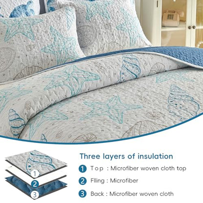 Coastal Quilt Sets King Size - Reversible Microfiber Ocean Style with Starfish Scallop Shell Soft Beach Bedding Nautical Bedspread Coverlet Summer Comforter with 2 Shams - color: Starfish, size: King-102*88in