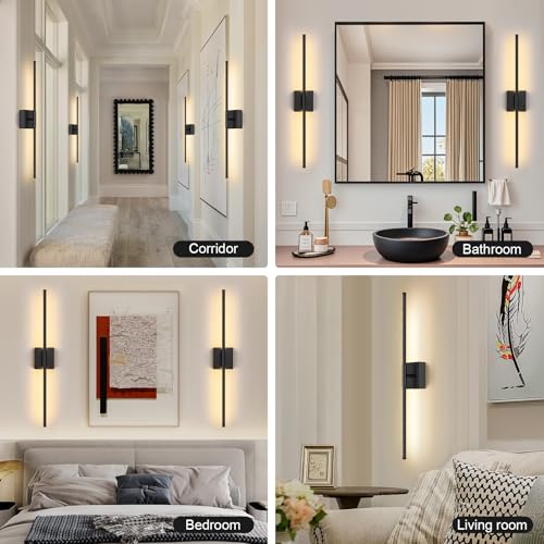 Battery Operated Wall Sconce Set of Two with Remote Control, 3000K-6000K Dimmable Black Wall Lights, Timable LED Wireless Wall Sconces, 350° Ratate for Bathroom, Living Room, Hallway 29.1 Inch - color: Black, size: 29.1in(2 Pack)