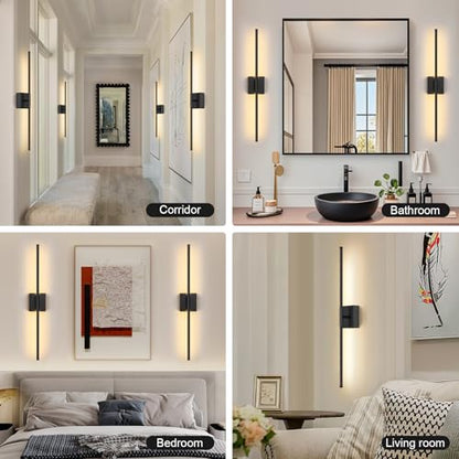 Battery Operated Wall Sconce Set of Two with Remote Control, 3000K-6000K Dimmable Black Wall Lights, Timable LED Wireless Wall Sconces, 350° Ratate for Bathroom, Living Room, Hallway 29.1 Inch - color: Black, size: 29.1in(2 Pack)