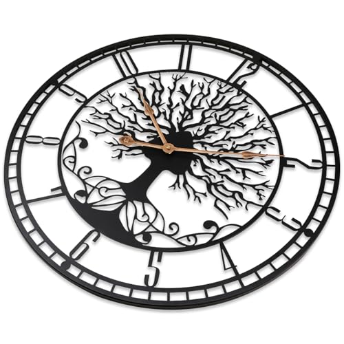Dankeit Tree of Life Wall Clock, 24inch Black Metal Wall Clock, Silent Quartz Movement, Modern Home Decor - color: D