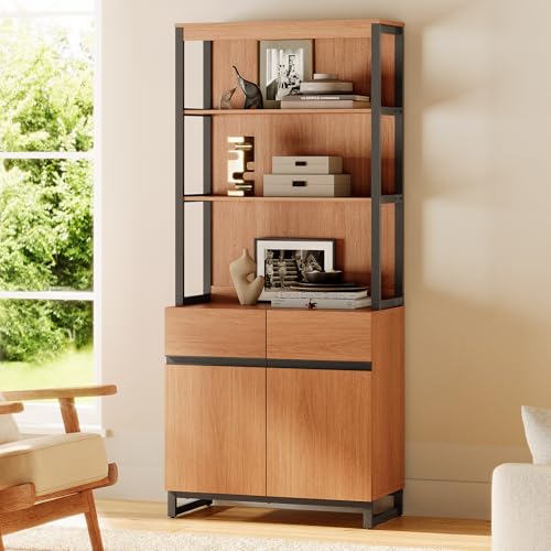 WAMPAT Modern 72" Tall Bookshelf with Metal Base and Adjustable Shelves, Library Bookcase with Storage Cabinet and Open Book Shelfs, Wood Book Shelf for Home Office, Living Room, Mocha - color: Mocha-a, size: 1 PCS