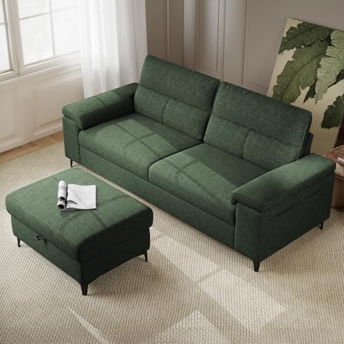 Upvilla 88.97" L Shaped Sectional Couches for Living Room(Green) | with Big Storage Ottoman & 8”Cushion, Comfy 2-Seater Chenille Loveseat, Convertible Armrest, Removable Cover for Small Space - color: Green, size: 88.97" Couch & Ottoman