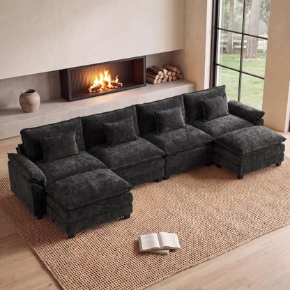 154" Modular Sectional Sofa, Comfy Deep Cloud Couch with Ottoman | U-Shaped Couches for Living Room, Modular Couch, Deep and Wide Seat, Chenille Sofa Sleeper with Throw Pillows, Black - color: Black, size: 154 Inch U
