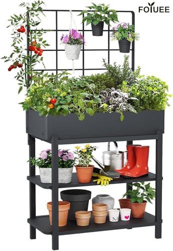 Metal Raised Garden Bed with Trellis & Legs | 2-tier shelf, 3 flower pots, 36" tall no-bend, rust-resistant, ideal for patio, balcony, vegetables, herbs & climbing plants