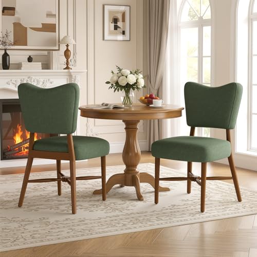 Farmhouse Dining Chairs Set of 2, Linen Seat, Wood Legs, Green | Mid Century Modern, Upholstered Padded Cushion, Solid Wood Cross-Brace, Easy 15-Min Assembly, Kitchen Dining Room - color: Green, size: Set of 2