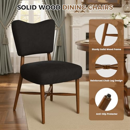 Farmhouse Dining Chairs Set of 2, Linen Seat, Wood Legs, Black | Mid Century Modern, Upholstered Padded Cushion, Solid Wood Cross-Brace, Easy 15-Min Assembly, Kitchen Dining Room - color: Black, size: Set of 2