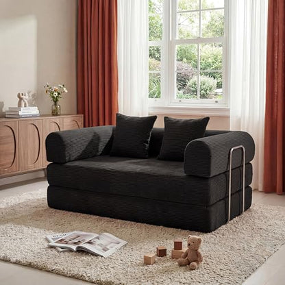 53.15" Boneless Couch,4-in-1 Futon Sofa Bed Modular Loveseat Sleeper Folding Compressed Couch with Pillows,No Assembly Required Convertible Sofa Bed for Living Room Bedroom Guest Room,Black - color: Black, size: 53.15" Loveseat Sofa