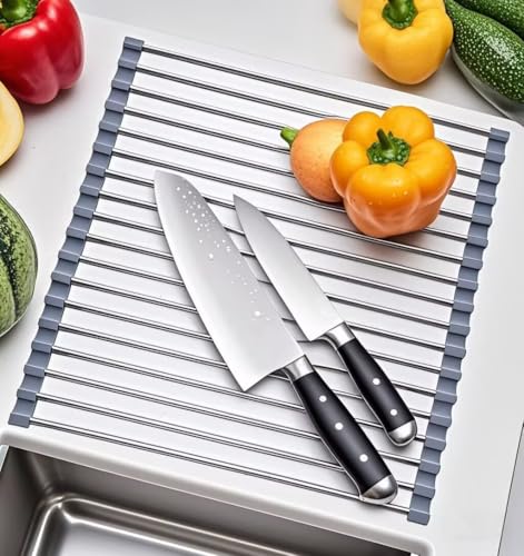 Roll Up Dish Drying Rack, Stainless Steel and Silicone Dish Drying Mat Over The Sink Foldable Drain Rack Multipurpose Dish Drainer for Kitchen, 14.5” x 14”, Gray - color: Gray