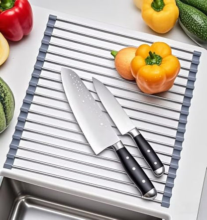 Roll Up Dish Drying Rack, Stainless Steel and Silicone Dish Drying Mat Over The Sink Foldable Drain Rack Multipurpose Dish Drainer for Kitchen, 14.5” x 14”, Gray - color: Gray