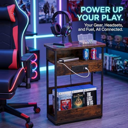 Narrow Side Table With Charging Station, 3-Tier End Table with 2 USB Ports & Power Outlets,Thin Sofa Side Table for Narrow and Small Spaces, Bedside Table Nightstand for Living Room,Rustic Brown - color: Rustic Brown
