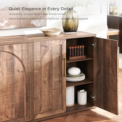 Arched Door Sideboard Buffet Cabinet Set of 3, Rustic Oak | Modular, Multi-Compartment Storage, Adjustable Shelf, Soft Close Hinges, Freestanding, for Dining Room, Living Room - color: Rusti Brown
