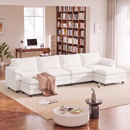 Homall 158.6" U-Shaped Cloud Couch, Modular Sectional Sofa for Living Room | Soft Chenille, 2 Movable Ottoman, Double Layer Cushion, 4 Seat, Sturdy Frame, High-Density Foam, Easy Assembly, White - color: White, size: U Shaped Sofa