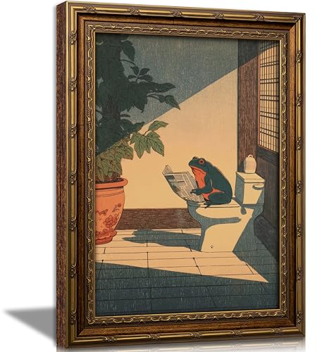 Vintage Gold Framed Wall Art,Funny Frog Bathroom Wall Decor,Cute Japanese Frog in Toilet Canvas Painting,Whimsical Funny Animal Bathroom Prints Artwork for Living Room Powder Room Decor 9x11in - color: Bathroom Frog, size: 11"L x 9"W