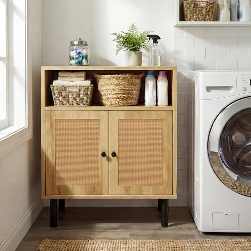 Narrow Storage Cabinet with Rattan Doors, 32" Tall Small Cabinet | for Bathroom, Small Space Hallway Entryway, Free-Standing Sideboard for Laundry Room Kitchen, Easy Assembly(Dark Oak) - color: Dark Oak
